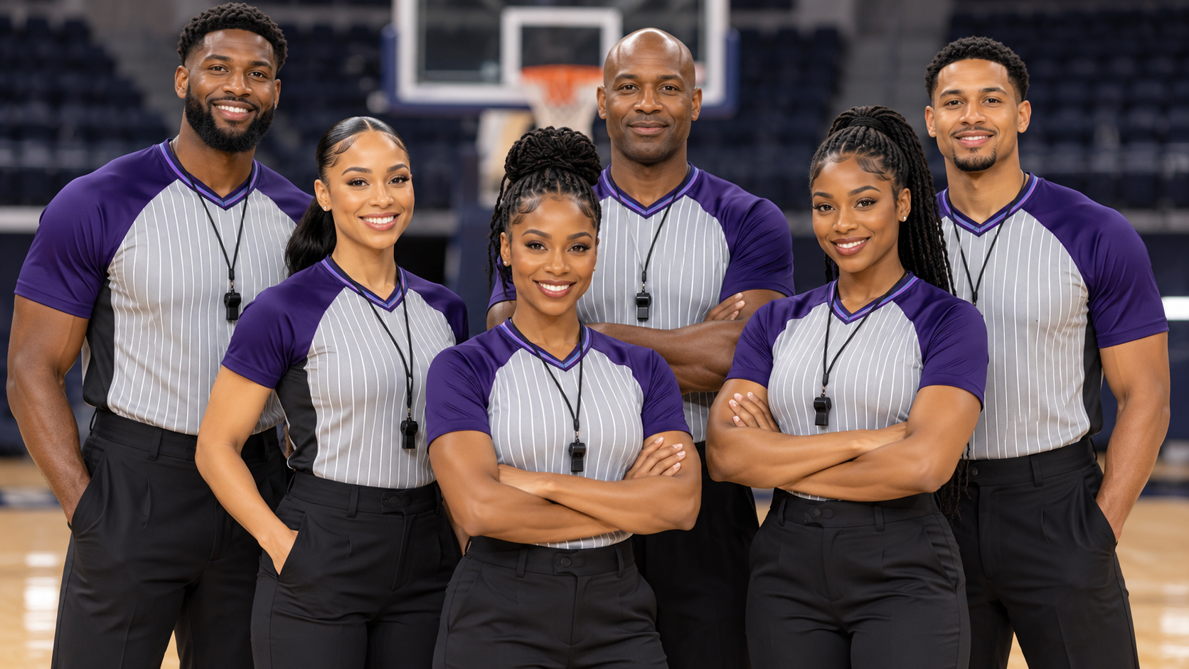 Representative group of basketball officials on a court