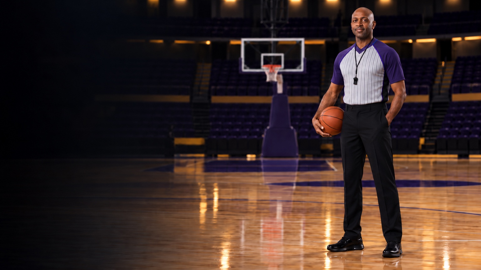 Fred Landers standing on a basketball court with a basketball
