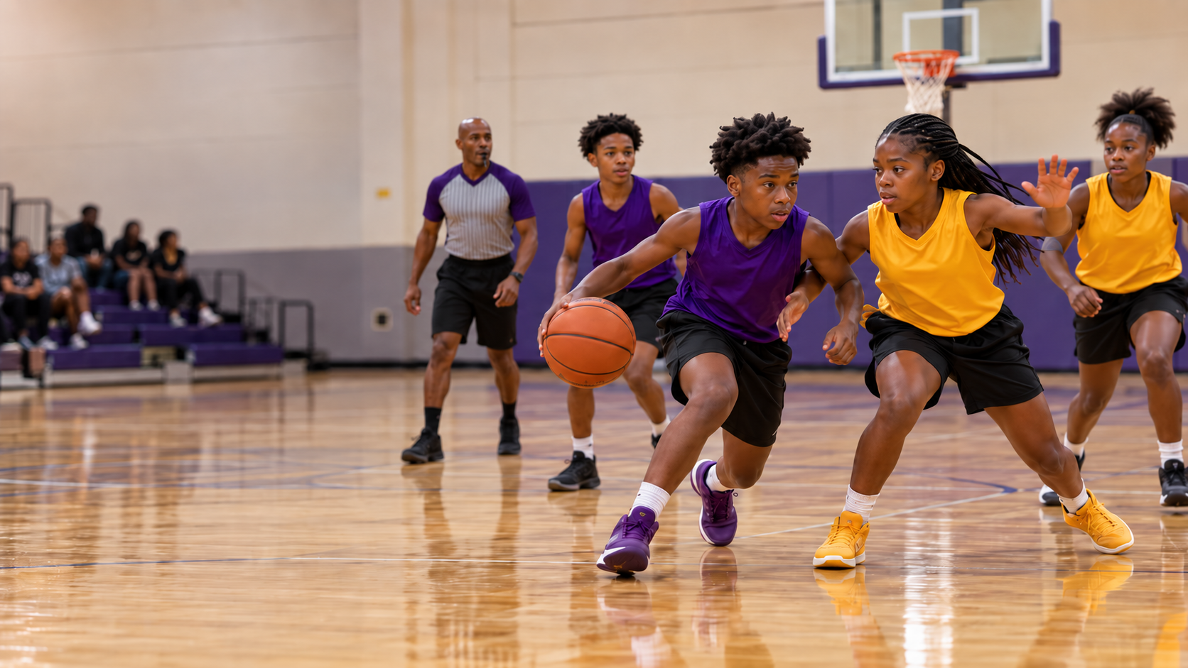 Community basketball game with players and an official